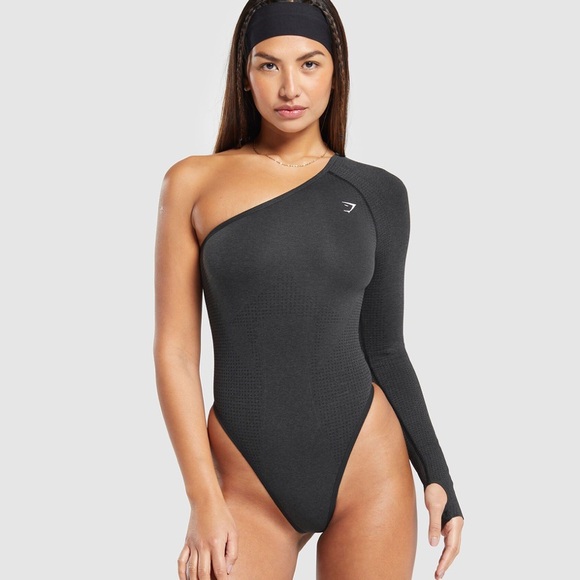 Gymshark Tops - NWT Gymshark Vital Seamless Black Marl One-Shoulder Thong Bodysuit